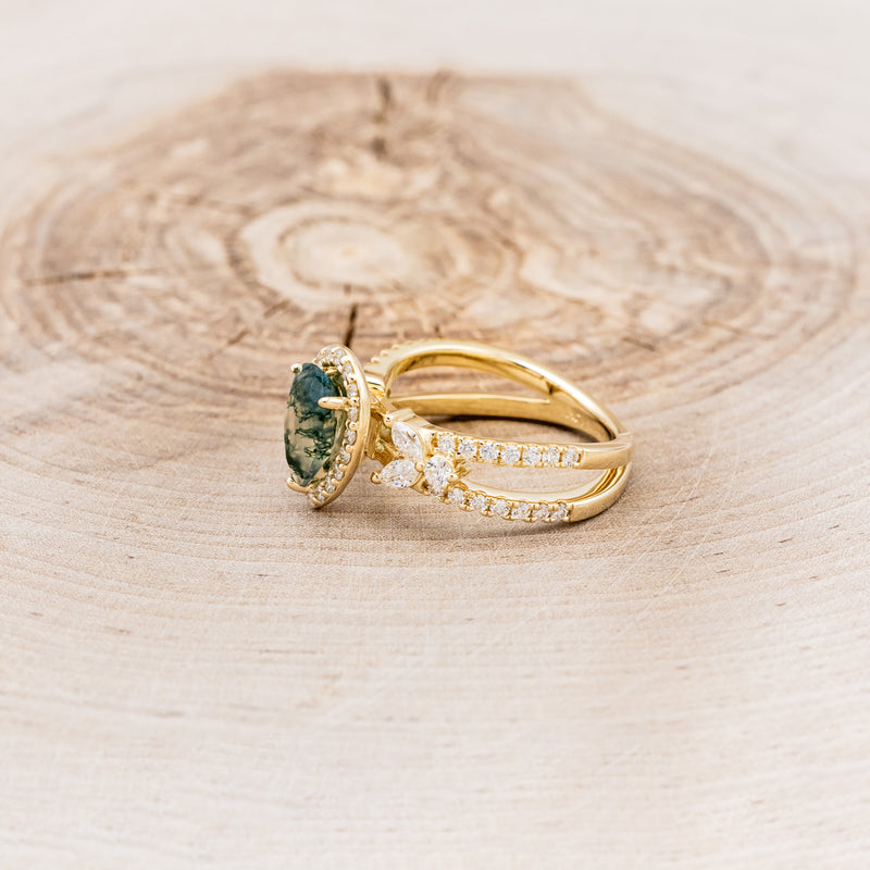 "LORETTA" - PEAR-SHAPED MOSS AGATE ENGAGEMENT RING WITH DIAMOND HALO & ACCENTS-9