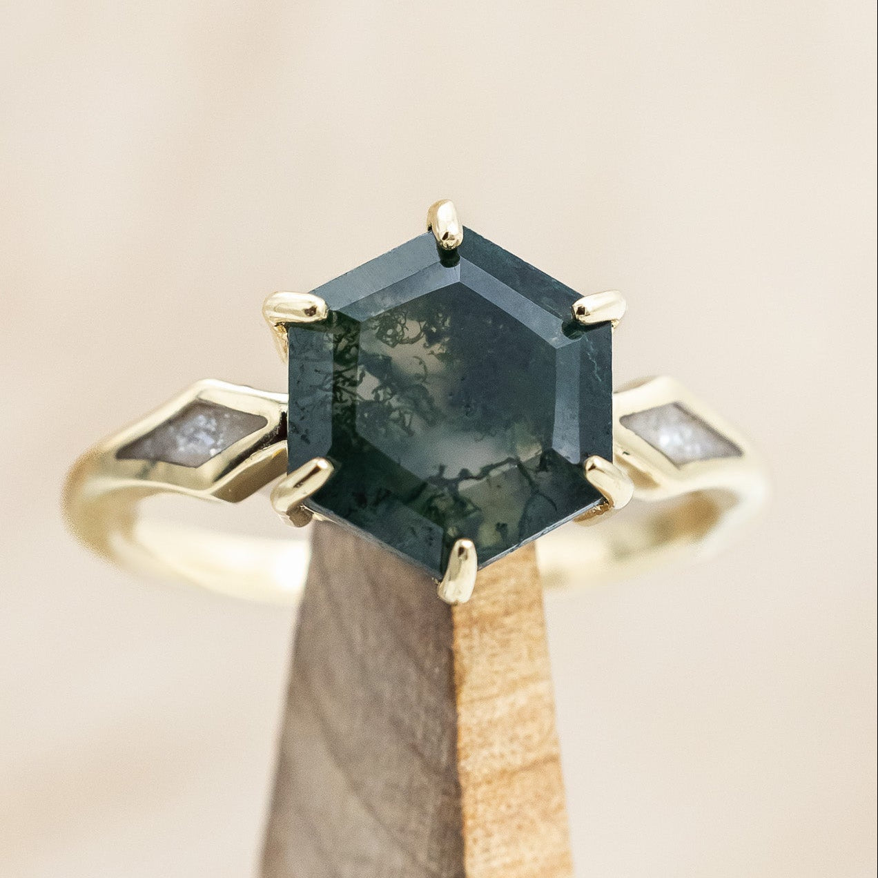"LOVE STORY" - HEXAGON MOSS AGATE ENGAGEMENT RING WITH DIAMOND DUST INLAYS-Staghead Designs