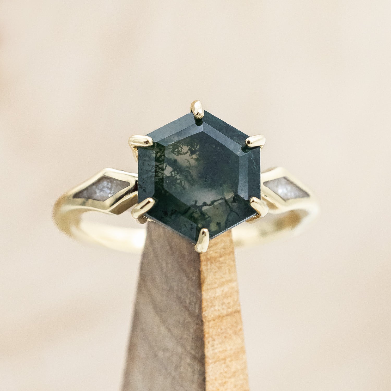 "LOVE STORY" - HEXAGON MOSS AGATE ENGAGEMENT RING WITH DIAMOND DUST INLAYS-Staghead Designs