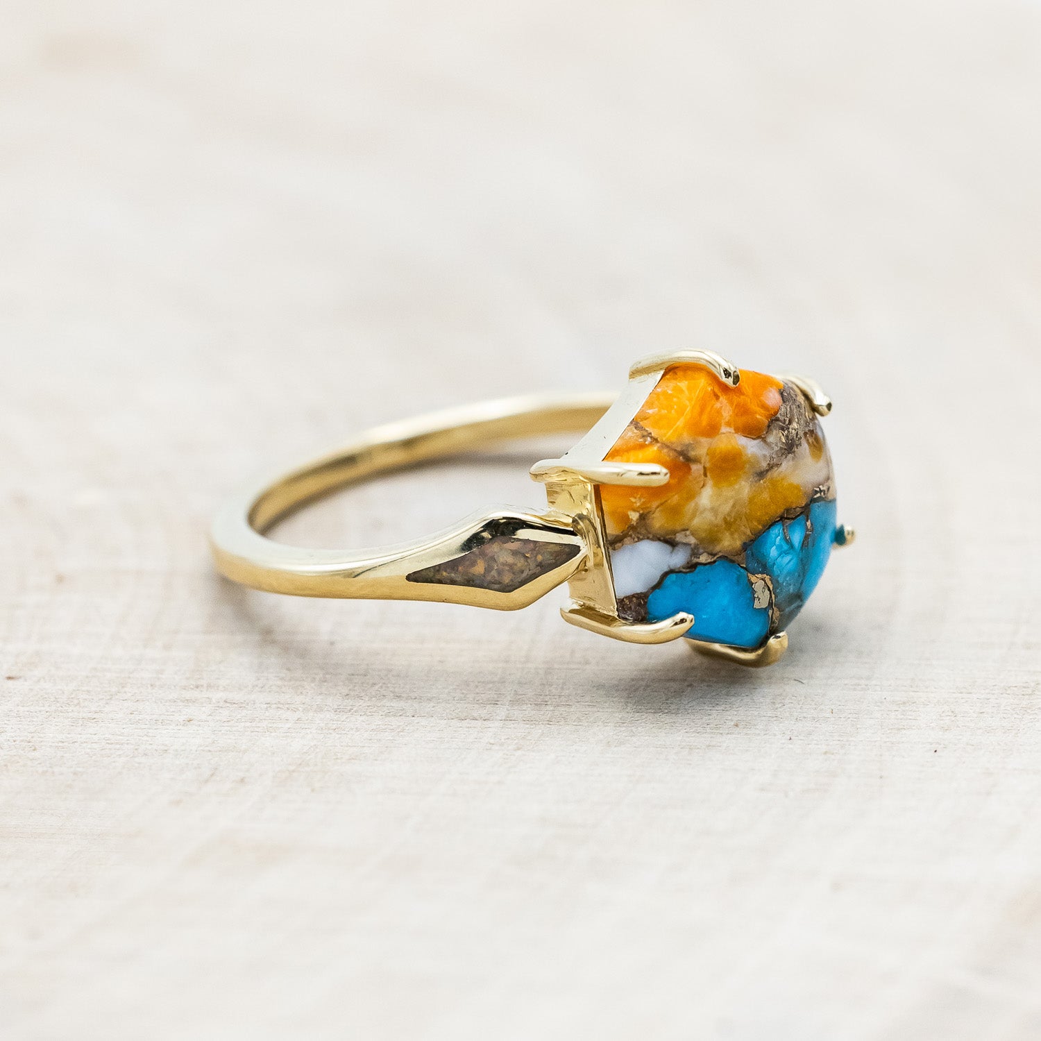 "LOVE STORY" - HEXAGON SPINY OYSTER TURQUOISE ENGAGEMENT RING WITH FIRE & ICE OPAL INLAYS-Staghead Designs