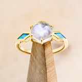 "LOVE STORY" - HEXAGON MOONSTONE ENGAGEMENT RING WITH TURQUOISE INLAYS