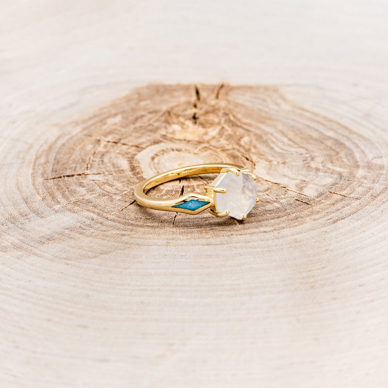 "LOVE STORY" - HEXAGON MOONSTONE ENGAGEMENT RING WITH TURQUOISE INLAYS