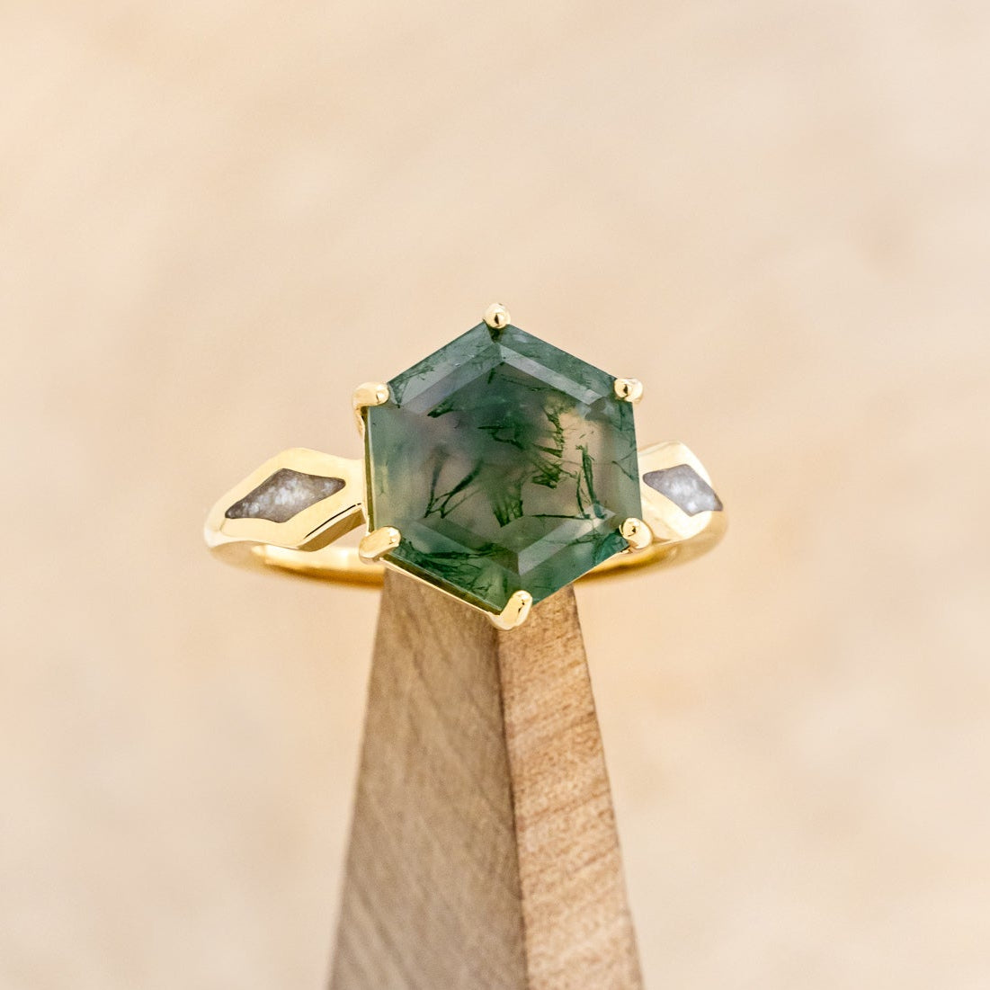 "LOVE STORY" - HEXAGON MOSS AGATE ENGAGEMENT RING WITH DIAMOND DUST INLAYS-15