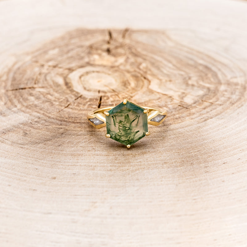 "LOVE STORY" - HEXAGON MOSS AGATE ENGAGEMENT RING WITH DIAMOND DUST INLAYS