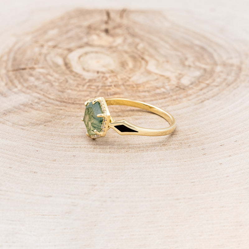 "CRAZY ON YOU" - HEXAGON CUT MOSS AGATE ENGAGEMENT RING WITH DIAMOND HALO & JET STONE INLAYS