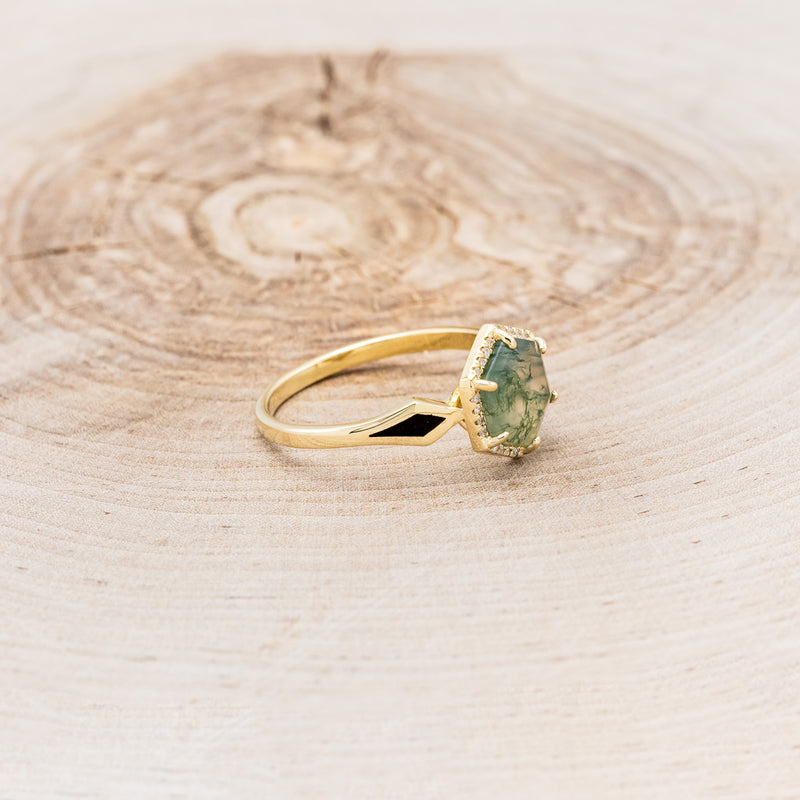 "CRAZY ON YOU" - HEXAGON CUT MOSS AGATE ENGAGEMENT RING WITH DIAMOND HALO & JET STONE INLAYS