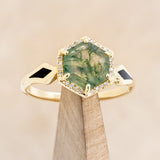 "CRAZY ON YOU" - HEXAGON CUT MOSS AGATE ENGAGEMENT RING WITH DIAMOND HALO & JET STONE INLAYS-1