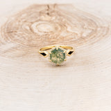 "CRAZY ON YOU" - HEXAGON CUT MOSS AGATE ENGAGEMENT RING WITH DIAMOND HALO & JET STONE INLAYS