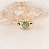 "CRAZY ON YOU" - HEXAGON CUT MOSS AGATE ENGAGEMENT RING WITH DIAMOND HALO & JET STONE INLAYS-4