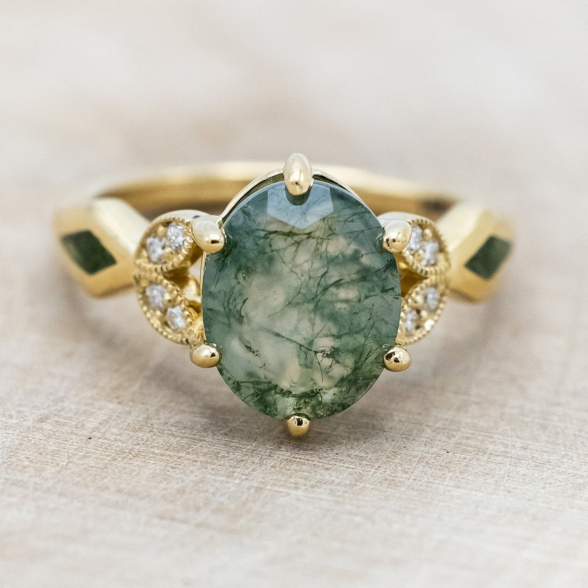 "LUCIA" - OVAL MOSS AGATE ENGAGEMENT RING WITH DIAMOND ACCENTS & MOSS INLAYS-Staghead Designs