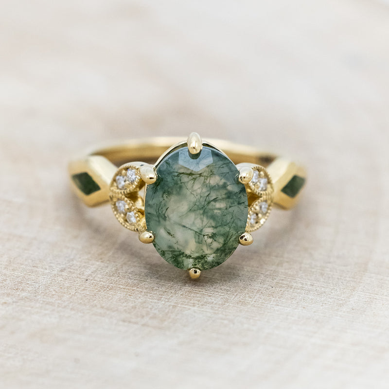 "LUCIA" - OVAL MOSS AGATE ENGAGEMENT RING WITH DIAMOND ACCENTS & MOSS INLAYS