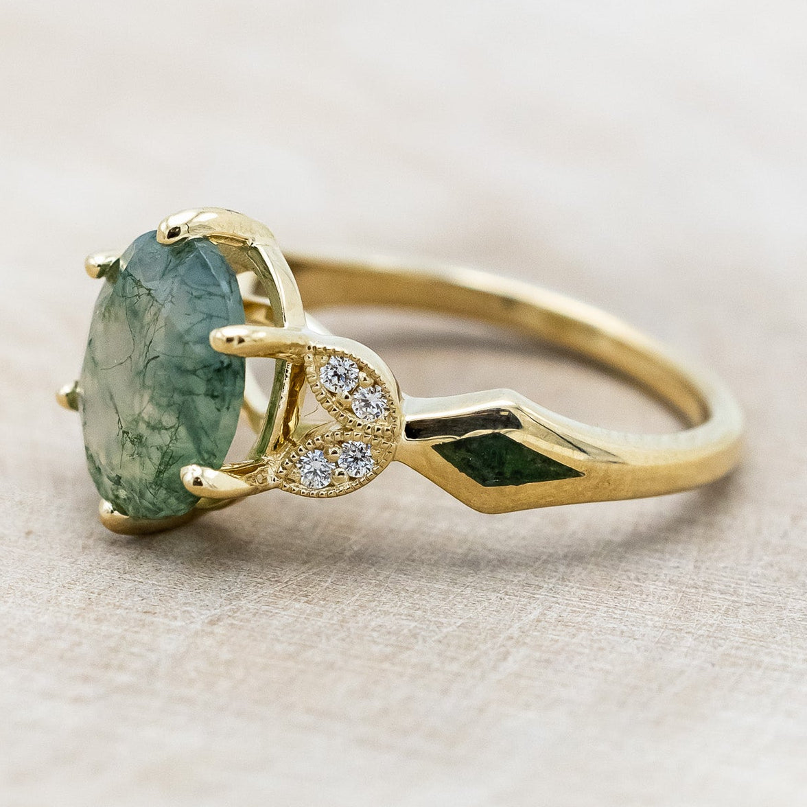 "LUCIA" - OVAL MOSS AGATE ENGAGEMENT RING WITH DIAMOND ACCENTS & MOSS INLAYS-Staghead Designs