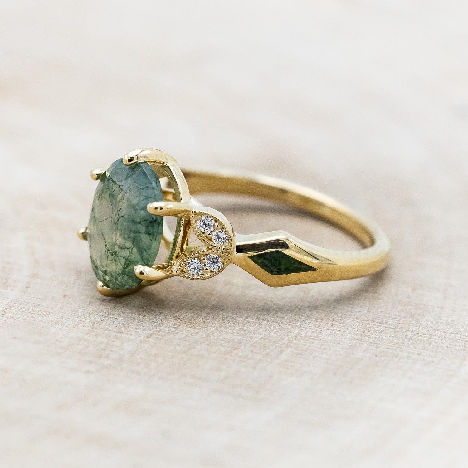 "LUCIA" - OVAL MOSS AGATE ENGAGEMENT RING WITH DIAMOND ACCENTS & MOSS INLAYS-Staghead Designs