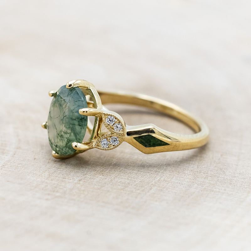 "LUCIA" - OVAL MOSS AGATE ENGAGEMENT RING WITH DIAMOND ACCENTS & MOSS INLAYS