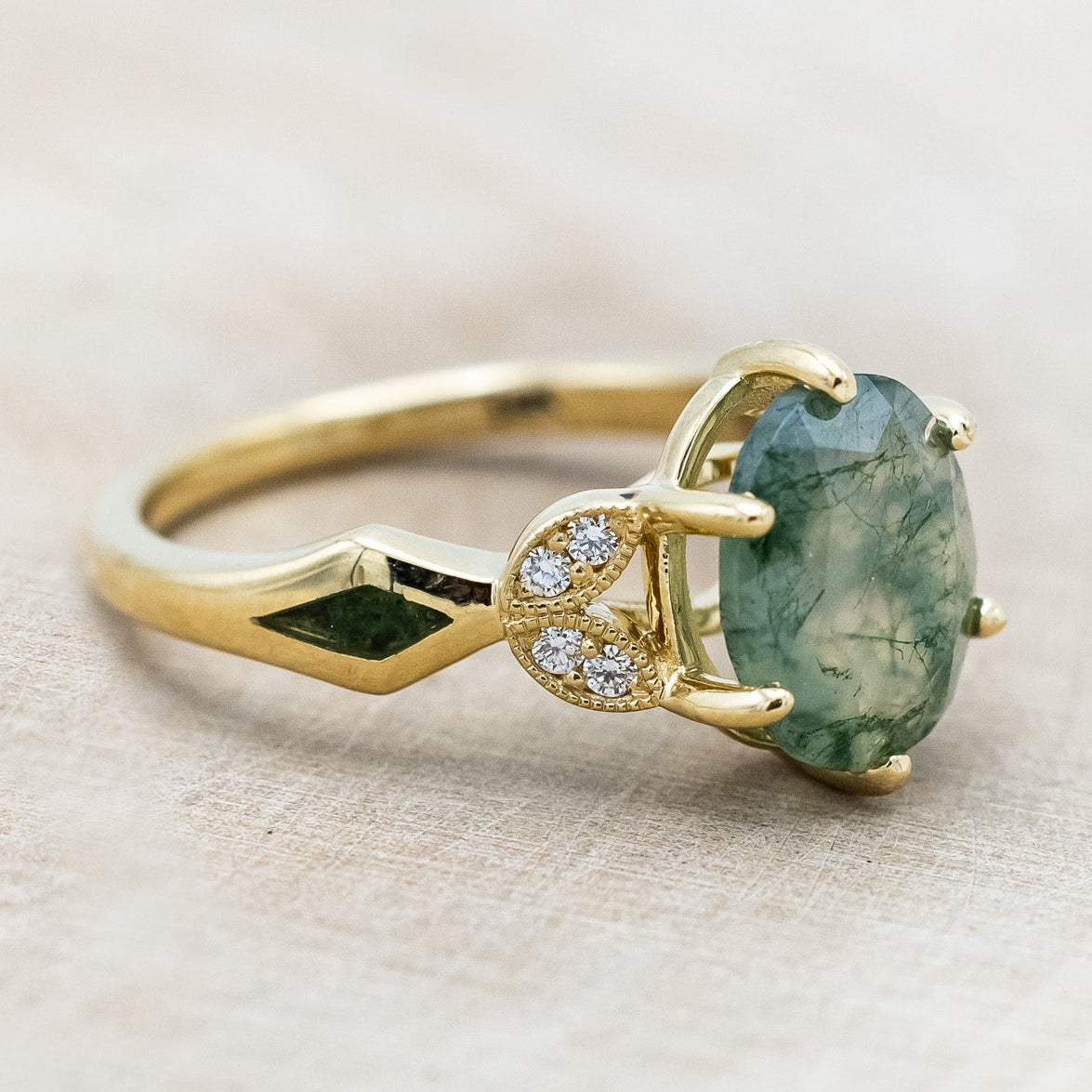 "LUCIA" - OVAL MOSS AGATE ENGAGEMENT RING WITH DIAMOND ACCENTS & MOSS INLAYS-Staghead Designs
