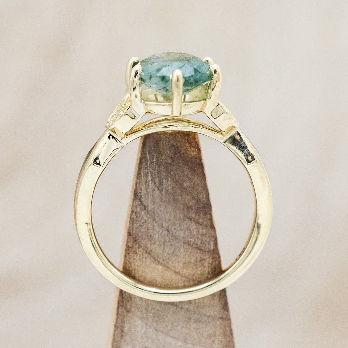 "LUCIA" - OVAL MOSS AGATE ENGAGEMENT RING WITH DIAMOND ACCENTS & MOSS INLAYS-Staghead Designs