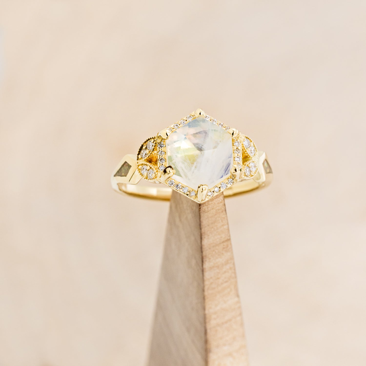 "LUCY IN THE SKY" - FACETED HEXAGON MOONSTONE ENGAGEMENT RING WITH DIAMOND HALO & FIRE AND ICE OPAL INLAYS-13