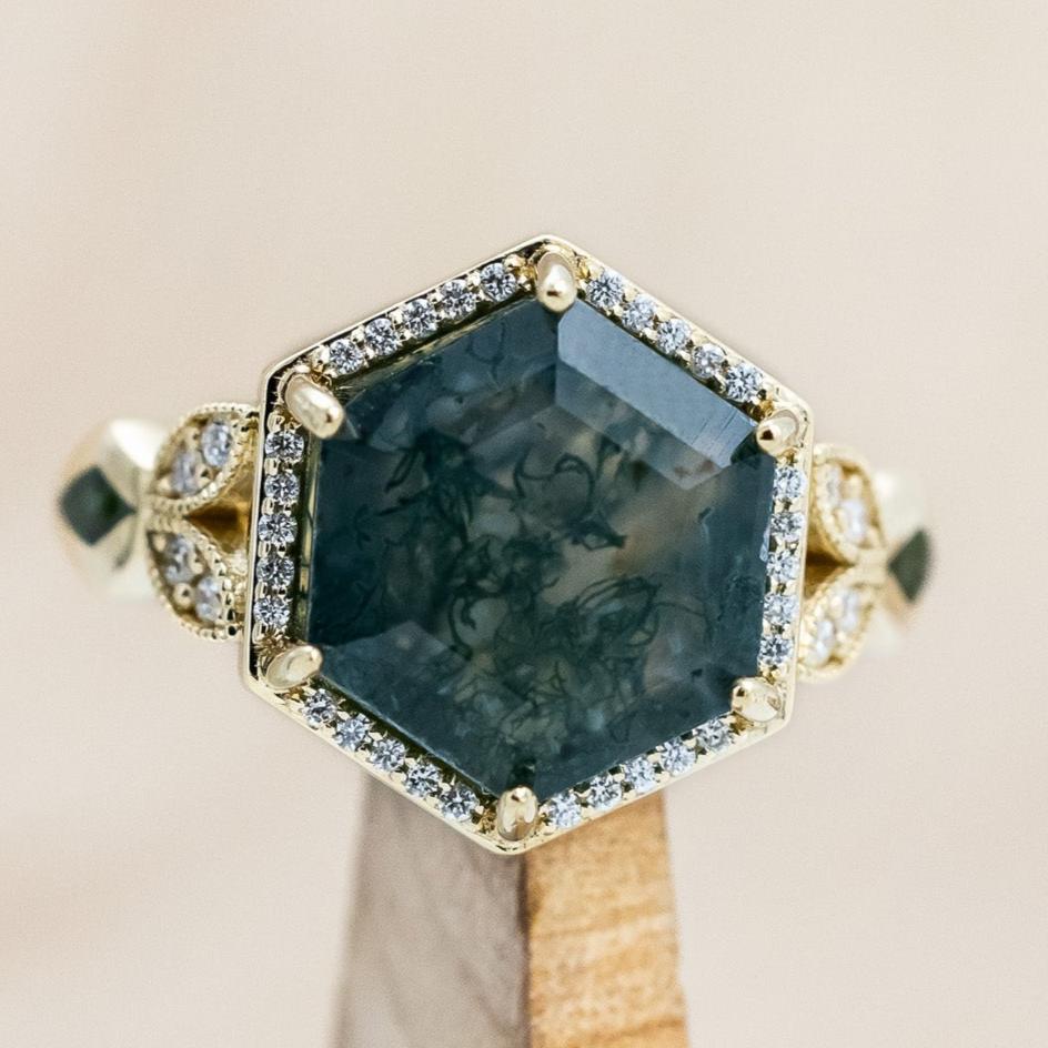 "LUCY IN THE SKY" - HEXAGON CUT MOSS AGATE ENGAGEMENT RING WITH DIAMOND HALO & MOSS INLAYS-Staghead Designs