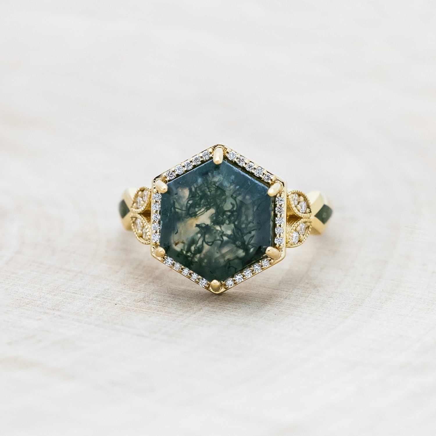 "LUCY IN THE SKY" - HEXAGON CUT MOSS AGATE ENGAGEMENT RING WITH DIAMOND HALO & MOSS INLAYS-Staghead Designs
