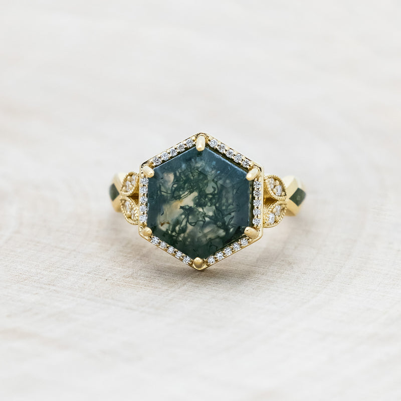 "LUCY IN THE SKY" - HEXAGON CUT MOSS AGATE ENGAGEMENT RING WITH DIAMOND HALO & MOSS INLAYS