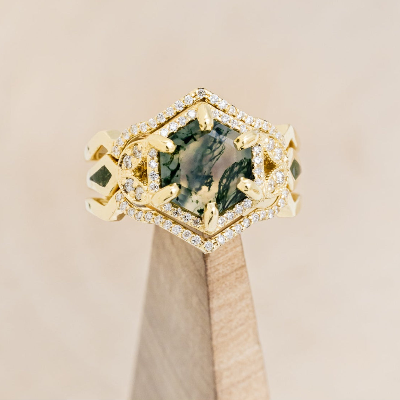"LUCY IN THE SKY" - HEXAGON MOSS AGATE ENGAGEMENT RING WITH DIAMOND HALO, MOSS INLAYS & DIAMOND RING GUARD-38