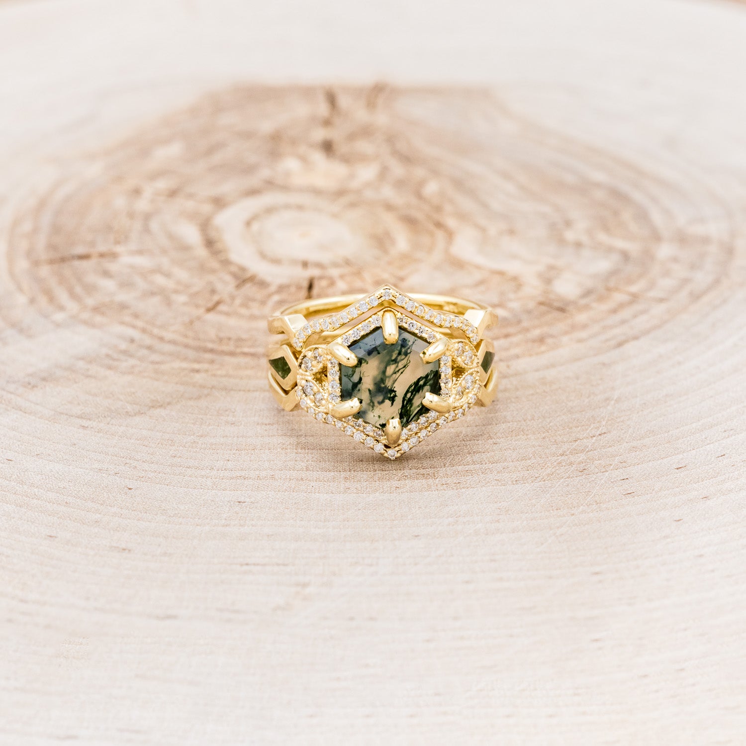 "LUCY IN THE SKY" - HEXAGON MOSS AGATE ENGAGEMENT RING WITH DIAMOND HALO, MOSS INLAYS & DIAMOND RING GUARD-41