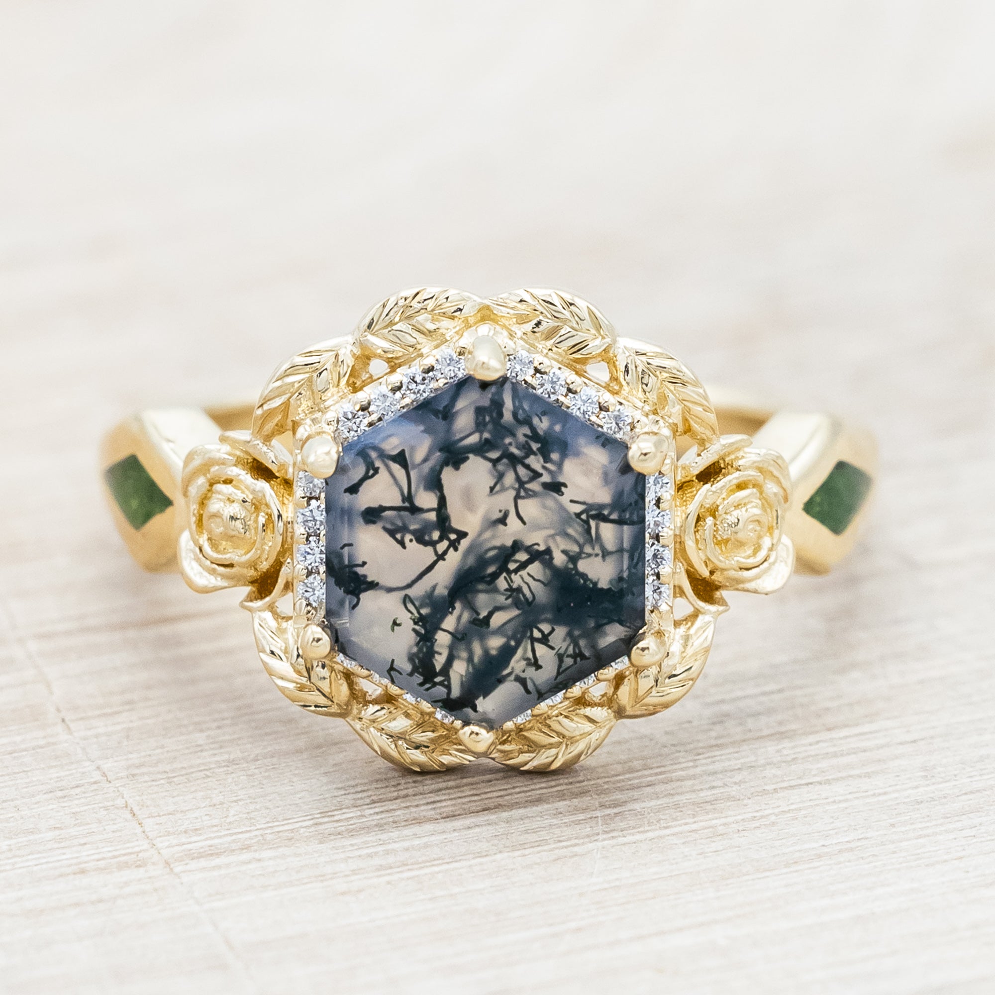 "LUCY IN THE SKY" - HEXAGON CUT MOSS AGATE ENGAGEMENT RING WITH DIAMOND HALO, MOSS INLAYS & ROSEBUD ACCENTS-Staghead Designs
