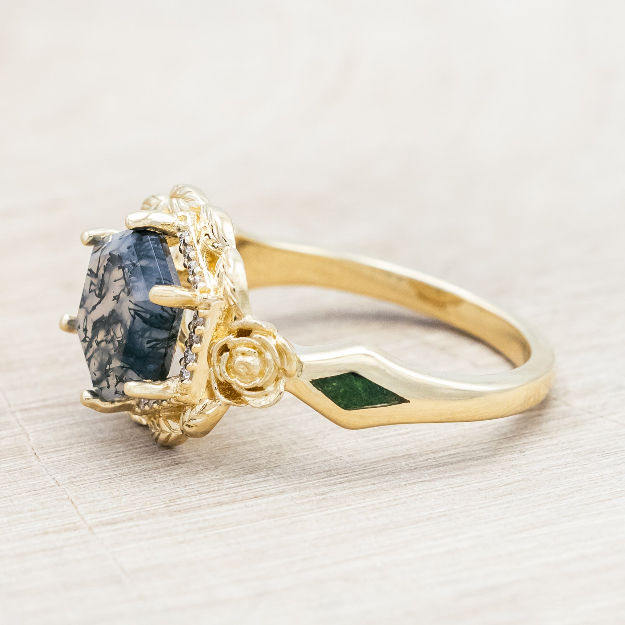 "LUCY IN THE SKY" - HEXAGON CUT MOSS AGATE ENGAGEMENT RING WITH DIAMOND HALO, MOSS INLAYS & ROSEBUD ACCENTS-Staghead Designs