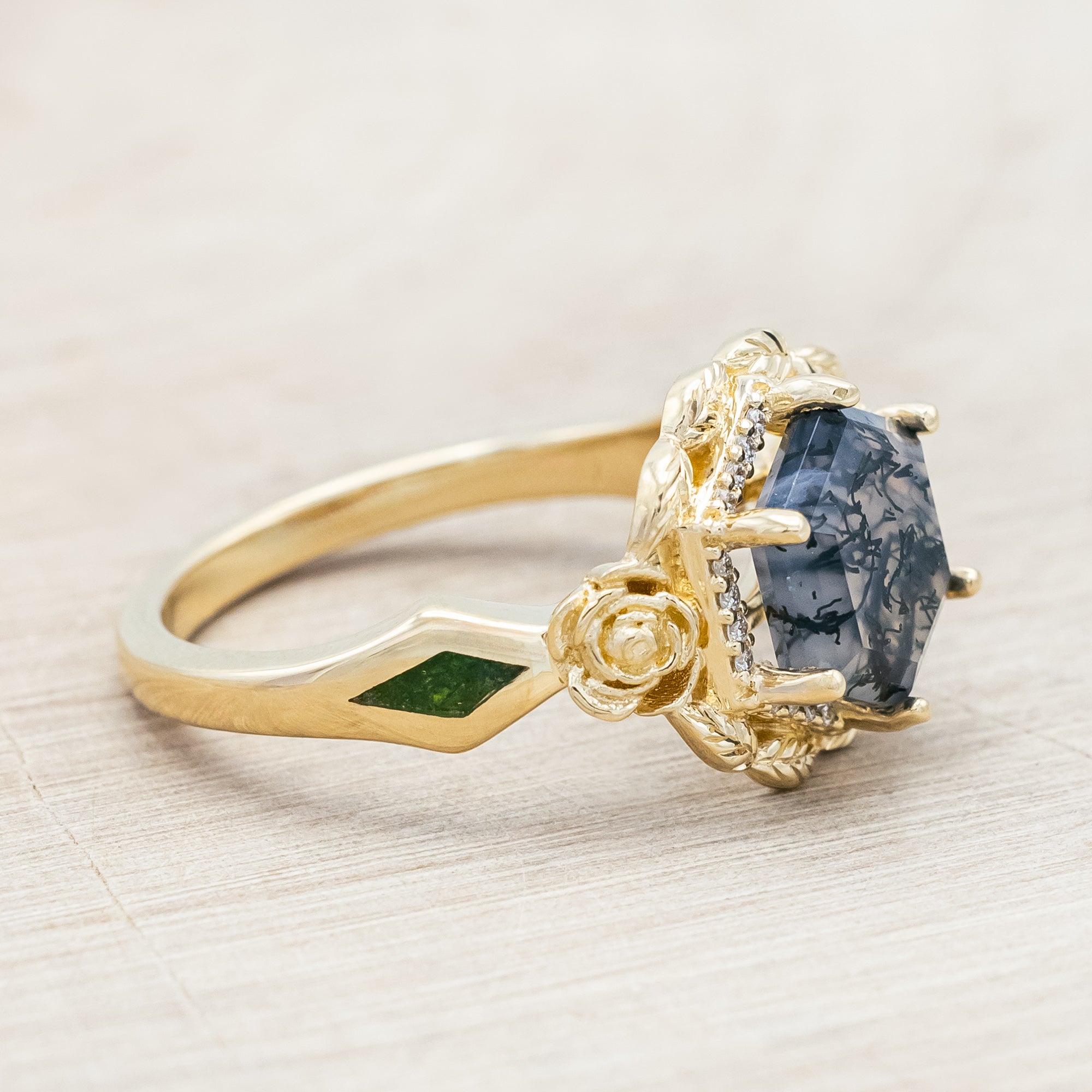 "LUCY IN THE SKY" - HEXAGON CUT MOSS AGATE ENGAGEMENT RING WITH DIAMOND HALO, MOSS INLAYS & ROSEBUD ACCENTS-Staghead Designs