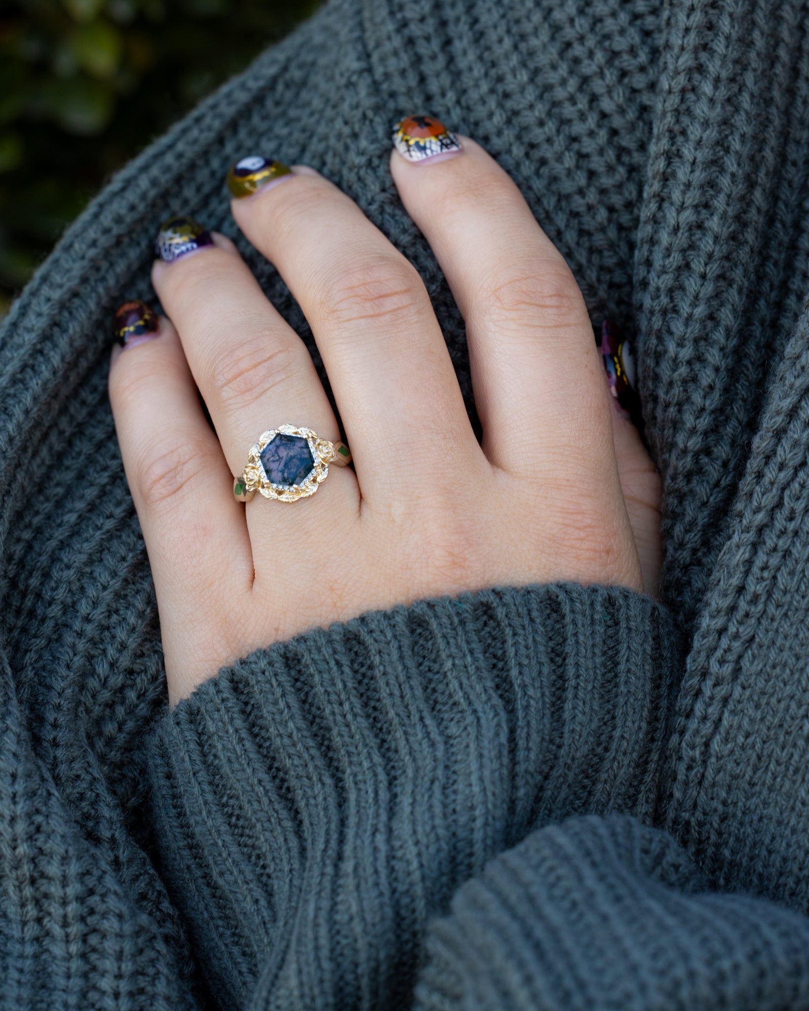 "LUCY IN THE SKY" - HEXAGON CUT MOSS AGATE ENGAGEMENT RING WITH DIAMOND HALO, MOSS INLAYS & ROSEBUD ACCENTS-Staghead Designs