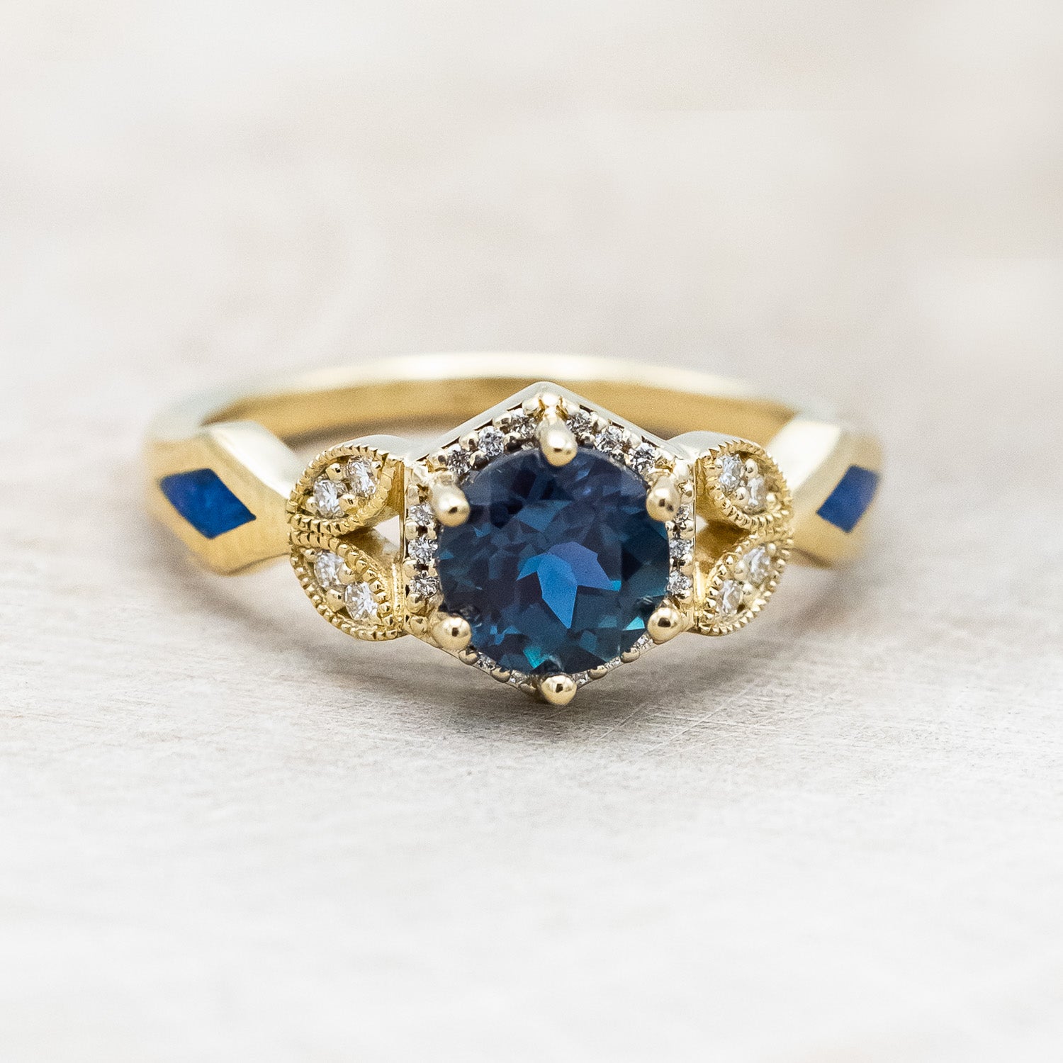 "LUCY IN THE SKY" PETITE - ROUND CUT LAB-GROWN ALEXANDRITE ENGAGEMENT RING WITH DIAMOND ACCENTS & BLUE OPAL INLAYS-Staghead Designs