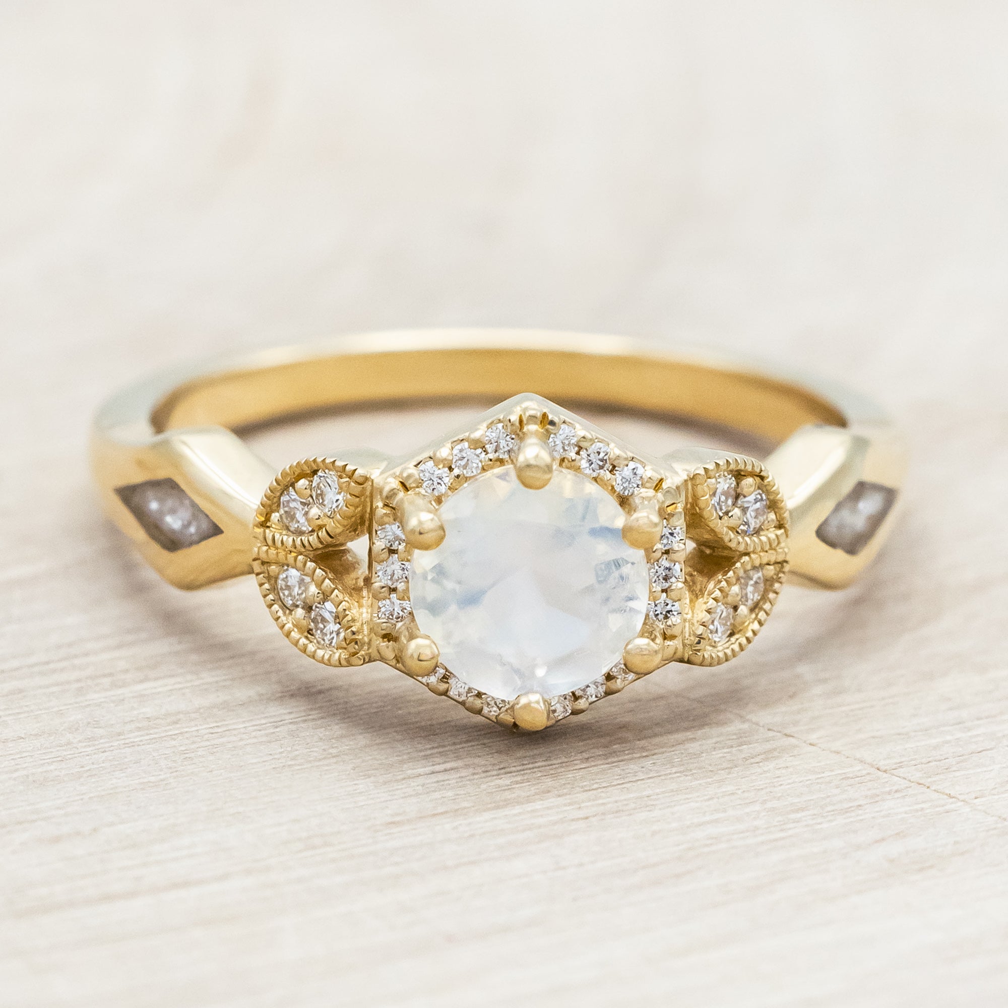 "LUCY IN THE SKY" PETITE - ROUND CUT MOONSTONE ENGAGEMENT RING WITH DIAMOND ACCENTS & DIAMOND DUST INLAYS-Staghead Designs