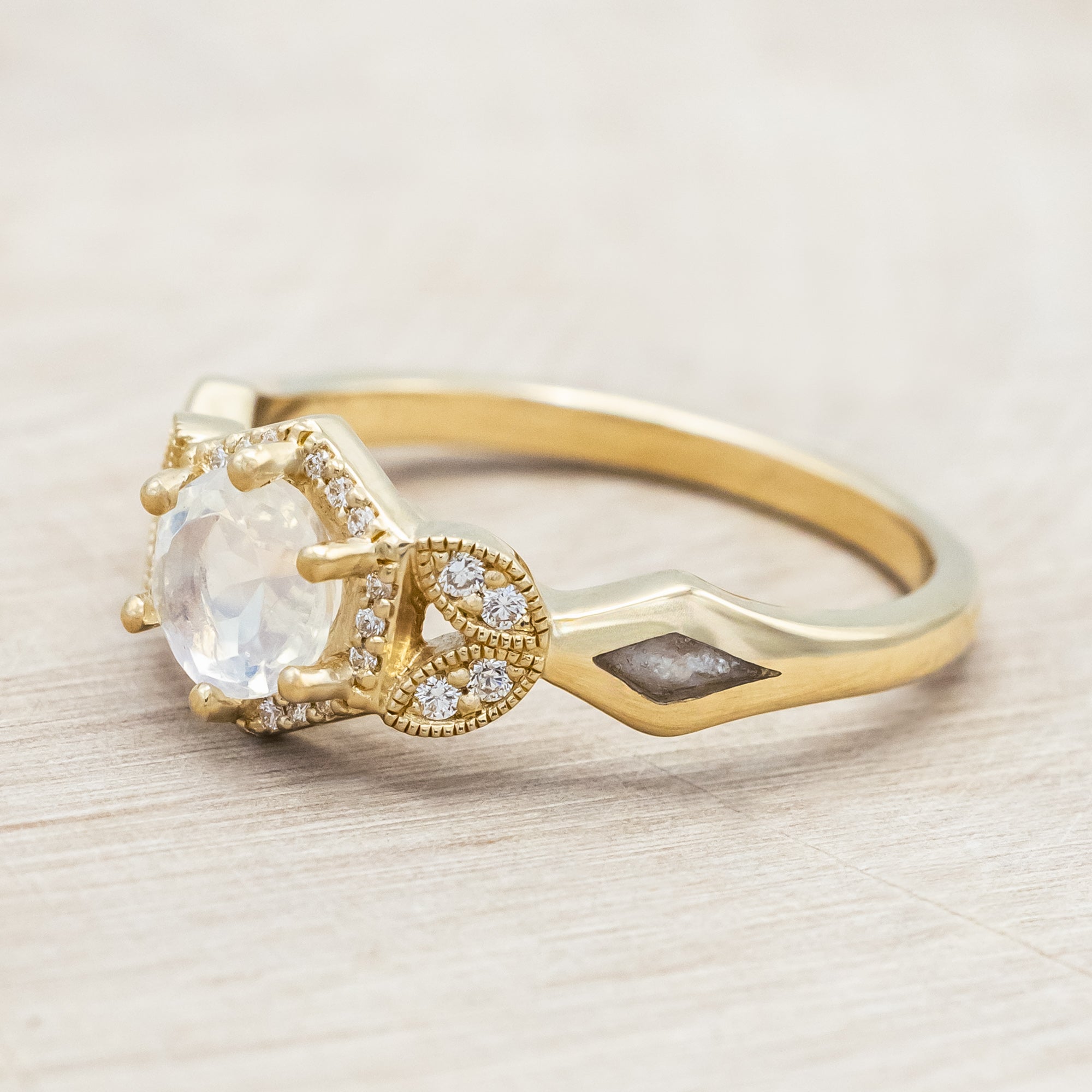 "LUCY IN THE SKY" PETITE - ROUND CUT MOONSTONE ENGAGEMENT RING WITH DIAMOND ACCENTS & DIAMOND DUST INLAYS-Staghead Designs