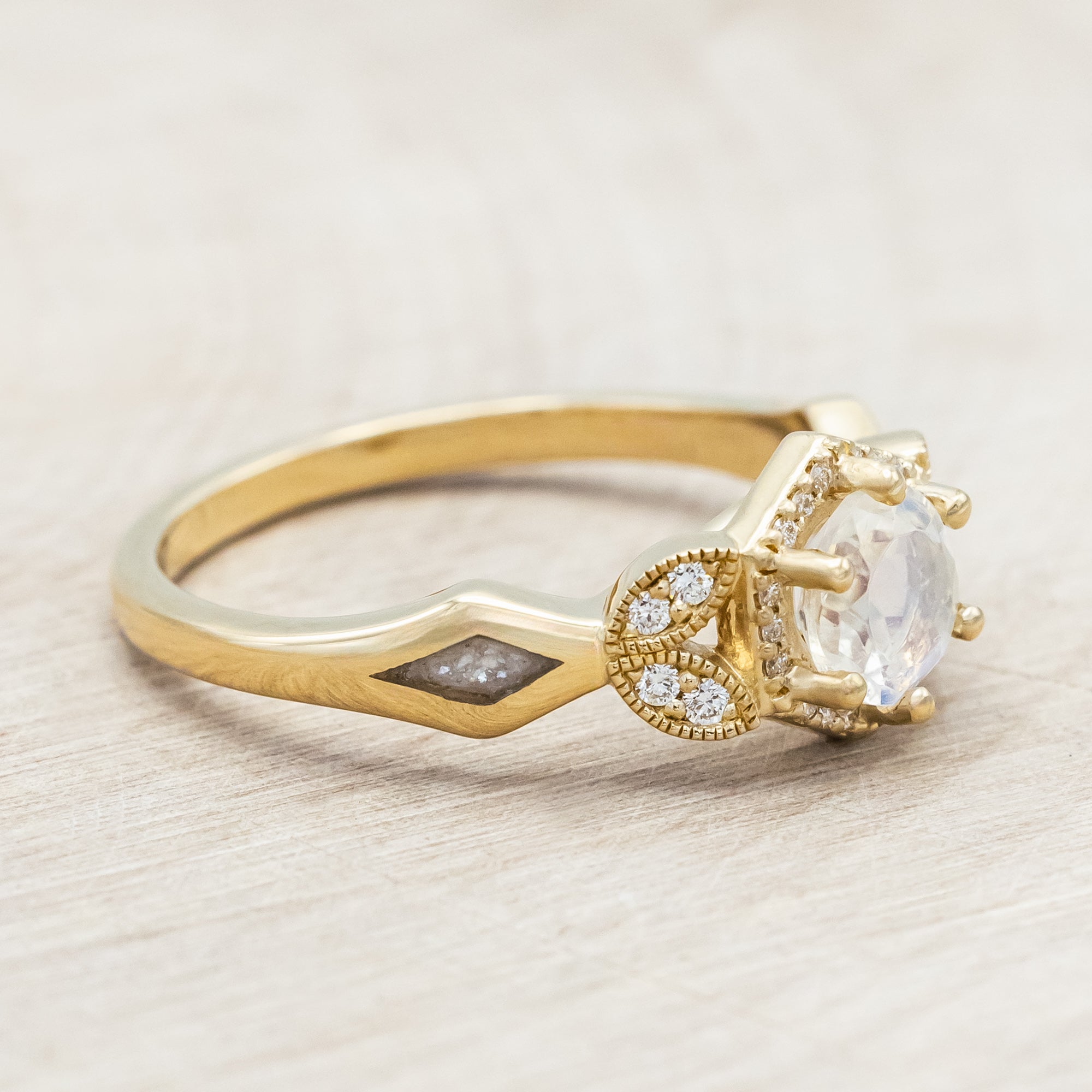 "LUCY IN THE SKY" PETITE - ROUND CUT MOONSTONE ENGAGEMENT RING WITH DIAMOND ACCENTS & DIAMOND DUST INLAYS-Staghead Designs