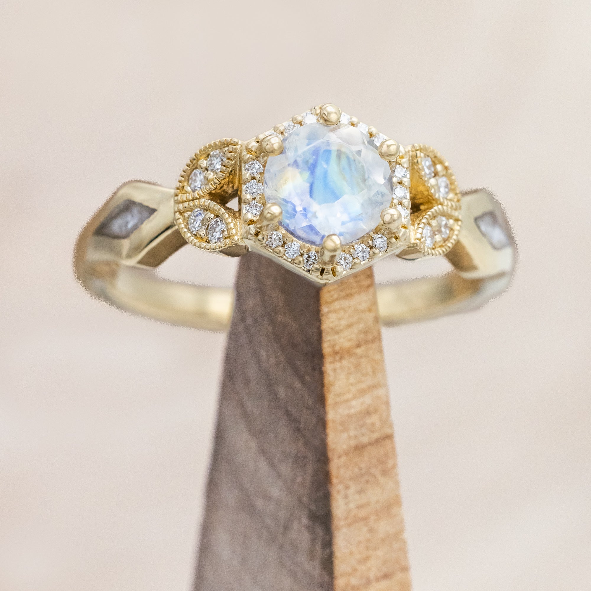 "LUCY IN THE SKY" PETITE - ROUND CUT MOONSTONE ENGAGEMENT RING WITH DIAMOND ACCENTS & DIAMOND DUST INLAYS-Staghead Designs