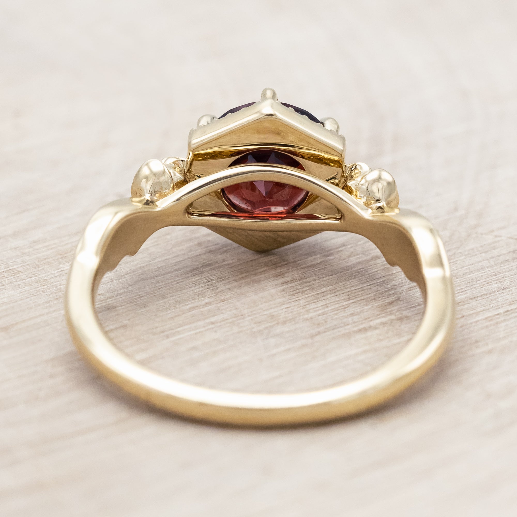 "LUCY IN THE SKY" - ROUND CUT GARNET ENGAGEMENT RING WITH BLACK DIAMONDS, ROSE ACCENTS & BAT WING SHAPED RED OPAL INLAYS-Staghead Designs