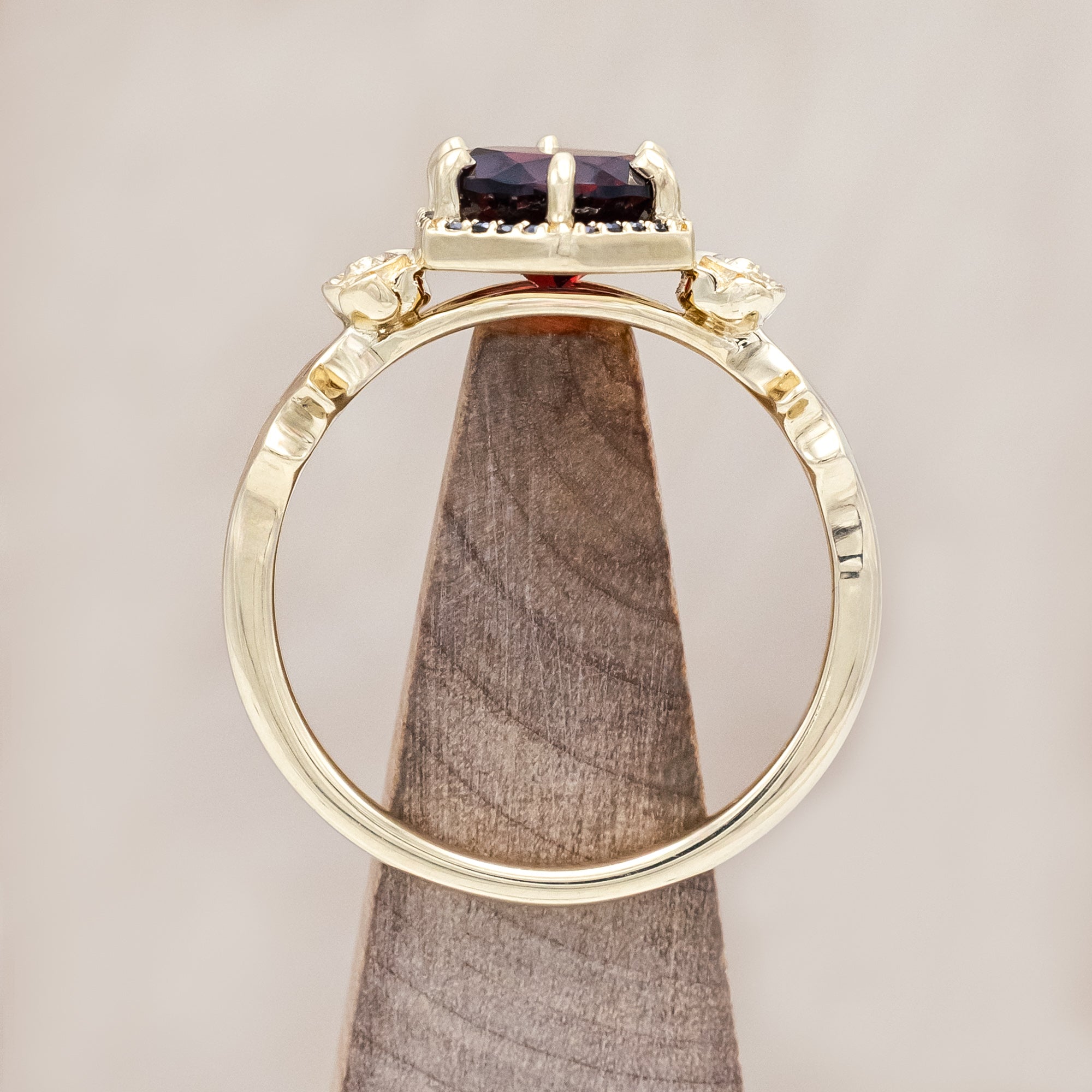 "LUCY IN THE SKY" - ROUND CUT GARNET ENGAGEMENT RING WITH BLACK DIAMONDS, ROSE ACCENTS & BAT WING SHAPED RED OPAL INLAYS-Staghead Designs