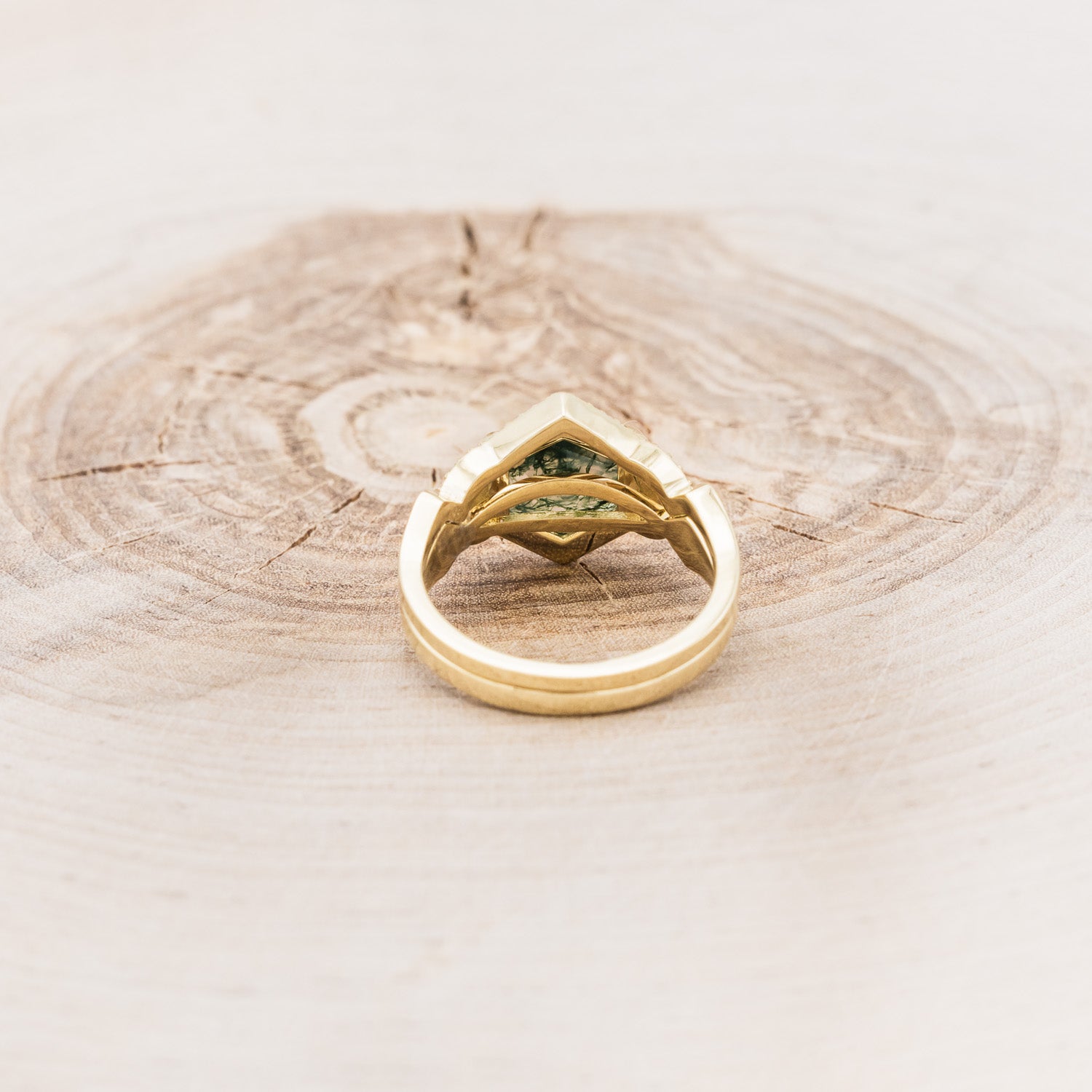 "LUCY IN THE SKY" - HEXAGON MOSS AGATE ENGAGEMENT RING WITH DIAMOND HALO, MOSS INLAYS & DIAMOND TRACER-5