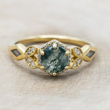 "LUCY IN THE SKY" PETITE - ROUND MOSS AGATE ENGAGEMENT RING WITH DIAMOND HALO & MOTHER OF PEARL INLAYS-Staghead Designs