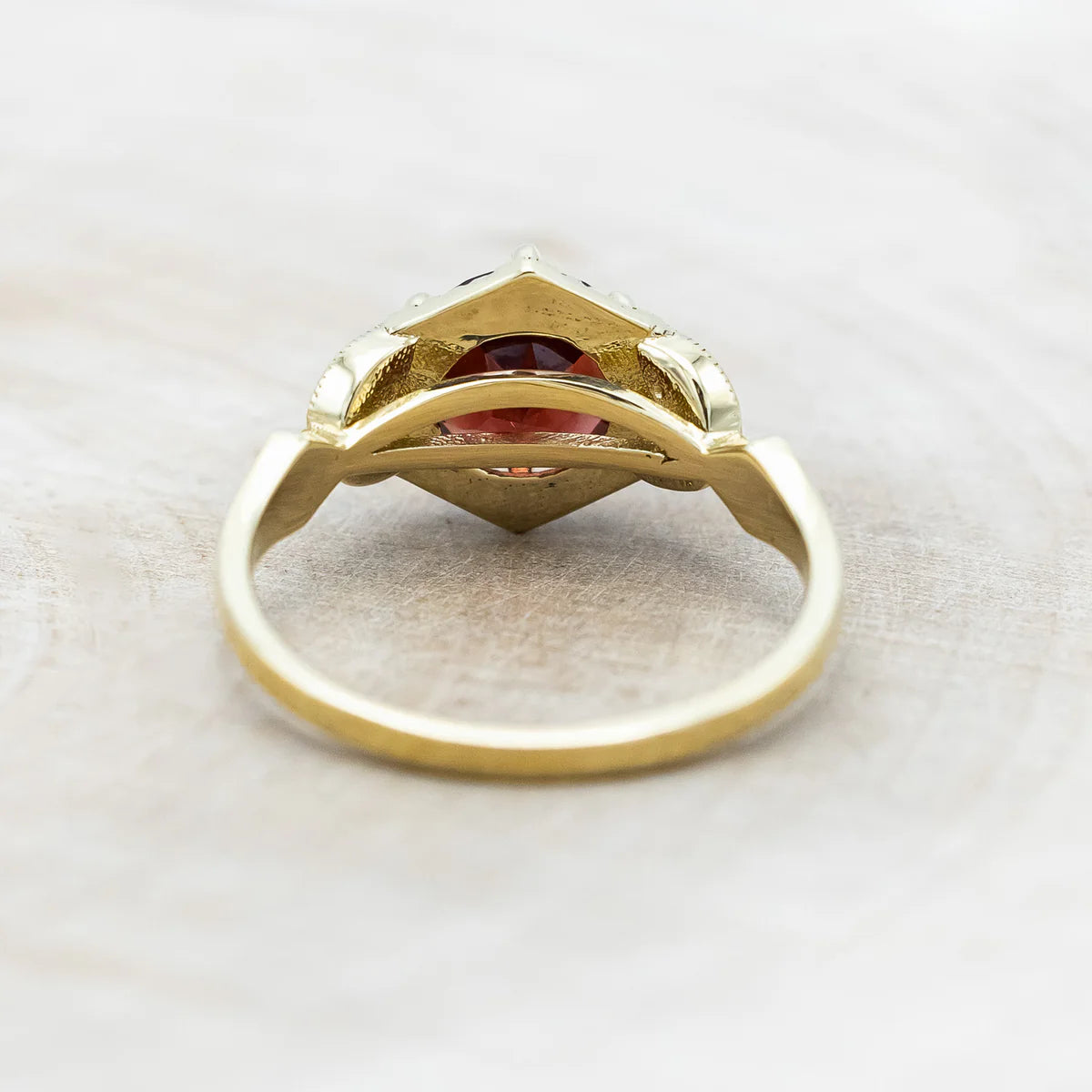 "LUCY IN THE SKY" - ROUND CUT GARNET ENGAGEMENT RING WITH DIAMOND ACCENTS & RED OPAL INLAYS - 14K YELLOW GOLD - SIZE 9 1/2-Staghead Designs