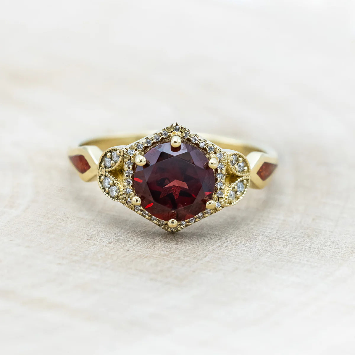 "LUCY IN THE SKY" - ROUND CUT GARNET ENGAGEMENT RING WITH DIAMOND ACCENTS & RED OPAL INLAYS - 14K YELLOW GOLD - SIZE 9 1/2-Staghead Designs