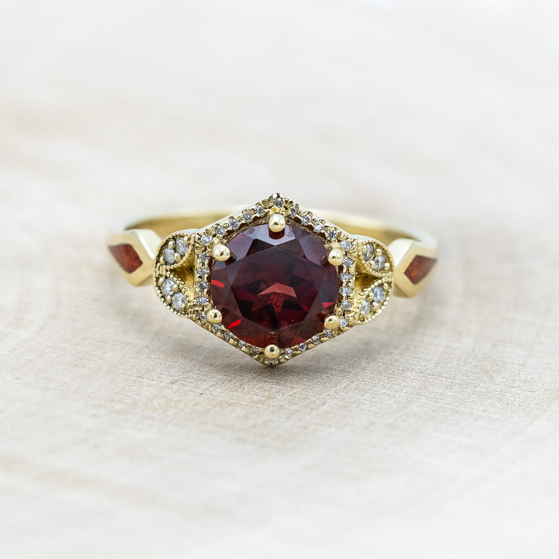 "LUCY IN THE SKY" - ROUND CUT GARNET ENGAGEMENT RING WITH DIAMOND ACCENTS & RED OPAL INLAYS