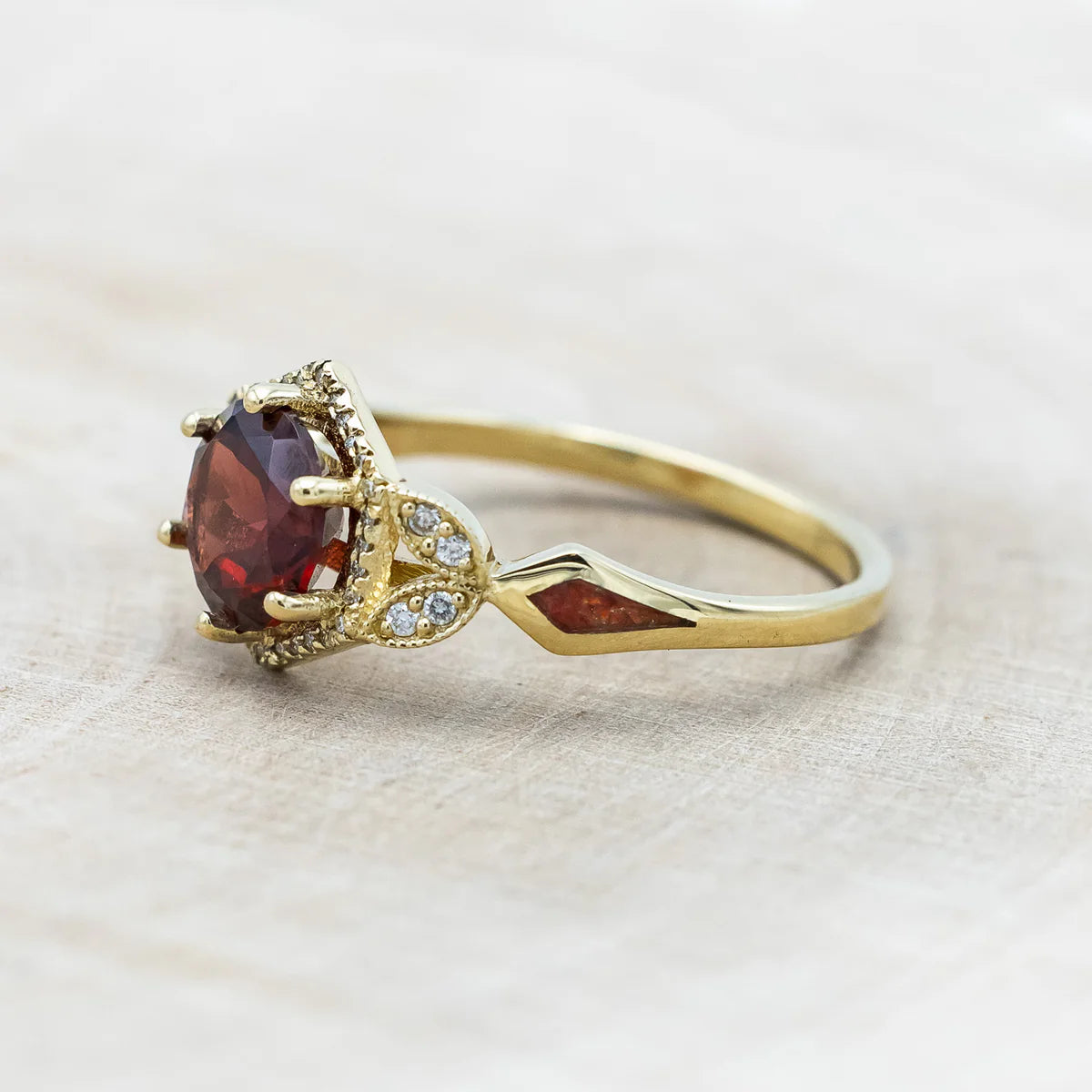 "LUCY IN THE SKY" - ROUND CUT GARNET ENGAGEMENT RING WITH DIAMOND ACCENTS & RED OPAL INLAYS - 14K YELLOW GOLD - SIZE 9 1/2-Staghead Designs