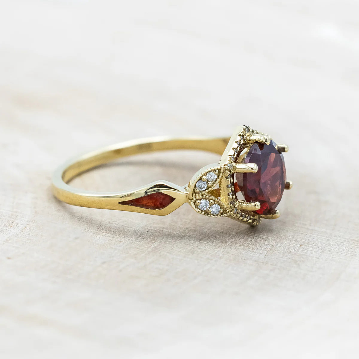 "LUCY IN THE SKY" - ROUND CUT GARNET ENGAGEMENT RING WITH DIAMOND ACCENTS & RED OPAL INLAYS - 14K YELLOW GOLD - SIZE 9 1/2-Staghead Designs