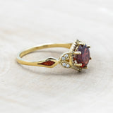 "LUCY IN THE SKY" - ROUND CUT GARNET ENGAGEMENT RING WITH DIAMOND ACCENTS & RED OPAL INLAYS