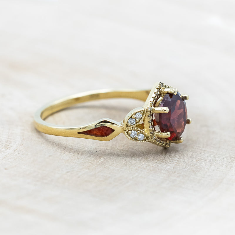 "LUCY IN THE SKY" - ROUND CUT GARNET ENGAGEMENT RING WITH DIAMOND ACCENTS & RED OPAL INLAYS