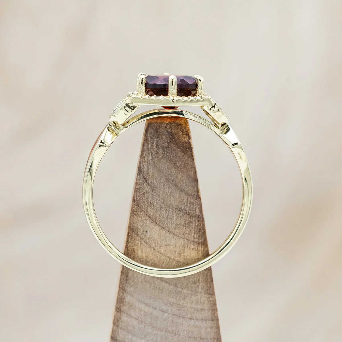 "LUCY IN THE SKY" - ROUND CUT GARNET ENGAGEMENT RING WITH DIAMOND ACCENTS & RED OPAL INLAYS - 14K YELLOW GOLD - SIZE 9 1/2-Staghead Designs