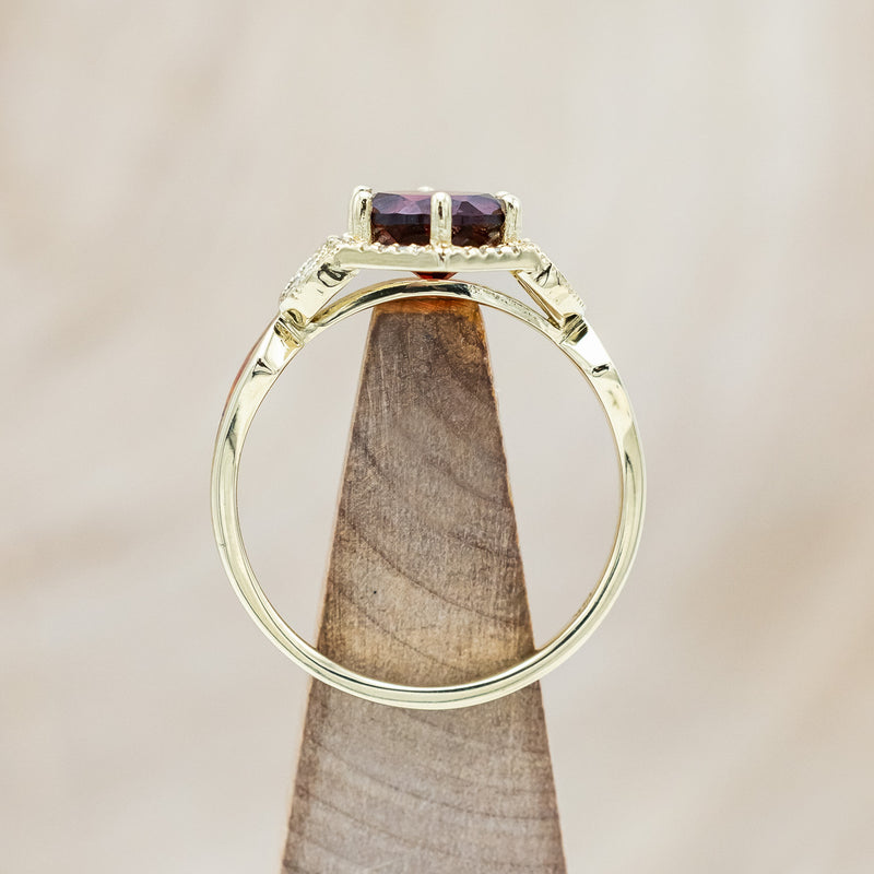 "LUCY IN THE SKY" - ROUND CUT GARNET ENGAGEMENT RING WITH DIAMOND ACCENTS & RED OPAL INLAYS