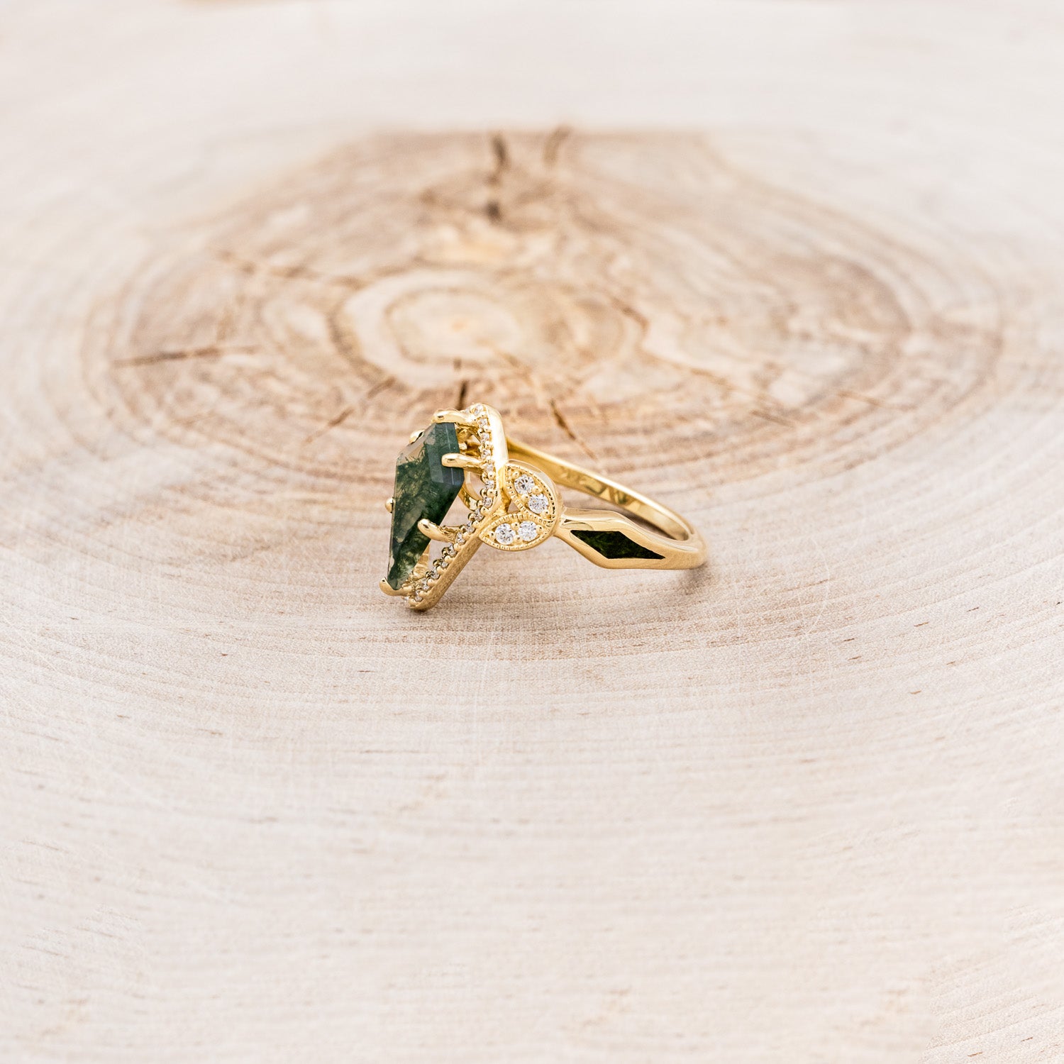 "LUCY IN THE SKY" - KITE CUT MOSS AGATE ENGAGEMENT RING WITH DIAMOND HALO & MOSS INLAYS-3