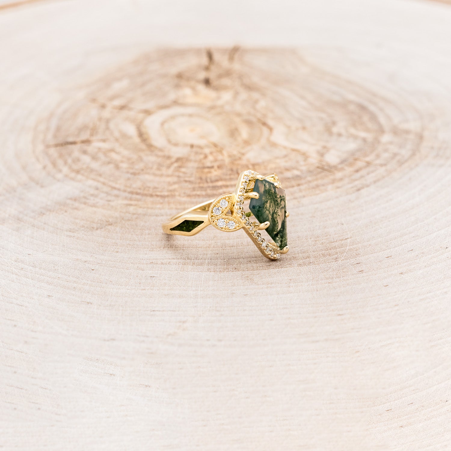 "LUCY IN THE SKY" - KITE CUT MOSS AGATE ENGAGEMENT RING WITH DIAMOND HALO & MOSS INLAYS-2